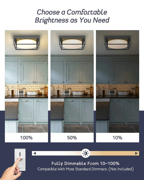 Lighting comparison showing a black square flush mount ceiling light with frosted glass shade at 100%, 50%, and 10% dimming levels.