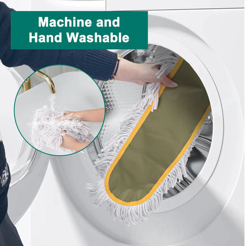 Machine washing the cotton head of Built Tough Commercial Dust Mop With Extended Rustproof Steel Shaft And Wide Sweep Design.