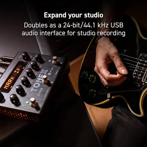 Person playing electric guitar with TONEX Pedal Ultra Realistic Stereo Multi-Effects for Guitar and Bass with 150 Presets on right