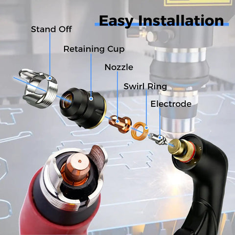 Exploded view of IPT40 Tip Electrode Kit Replacement For CUT 55DS Pro And CUT 65DS Plasma Cutters showing components.