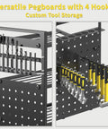 Close-up of pegboard section on Beefy 52 Inch Heavy Duty Power Tool Organizer Rack with tools inserted, showing storage capability.