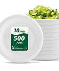 Heavy Duty 10 Inch Compostable Paper Plates 500 Count Round Biodegradable Sugarcane Fiber Dinnerware Microwavable Safe And Leak Proof For Parties Campouts And Everyday Eats, displayed with salad.