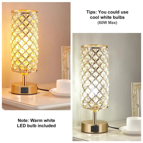 Touch Control Crystal Bedside Lamp With USB Ports, Dimmable 3 Way Gold Nightstand Light shown lit and unlit on desk