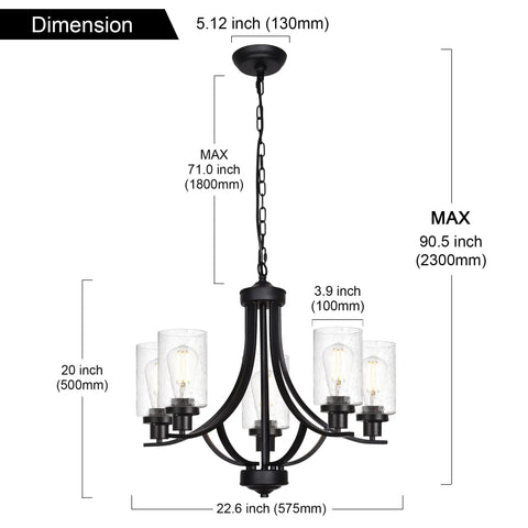 5 Lights Traditional Chandelier Black Farmhouse Pendant Ceiling Light Fixture With Seeded Glass Shades dimensions diagram