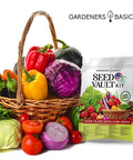 Survival Garden Seeds Kit With Over 16,000 Non GMO Heirloom Veggie Seeds, 35 Varieties For Home Garden And Bugout Prep, Includes Free Plant Markers And Easy Grow Veggies For Beginners, displayed with vegetables.