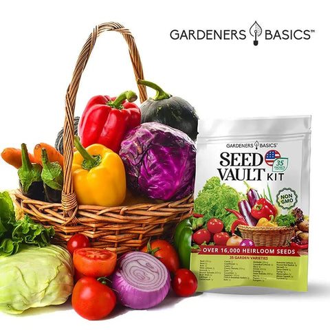 Survival Garden Seeds Kit With Over 16,000 Non GMO Heirloom Veggie Seeds, 35 Varieties For Home Garden And Bugout Prep, Includes Free Plant Markers And Easy Grow Veggies For Beginners, displayed with vegetables.