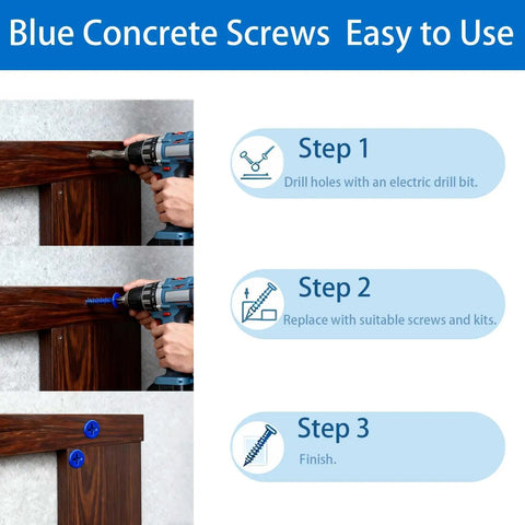 Installation steps using blue concrete screws kit with drill bit and driver, 20 pack masonry fasteners for brick block and cement.