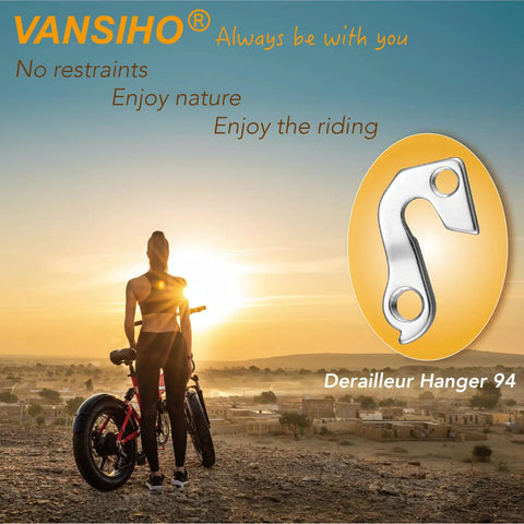 Silhouette of cyclist with 94Mm Bicycle Derailleur Hanger for 135mm and 142mm rear spacing CNC aluminum anodized silver overlay