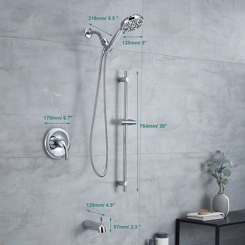 Five Spray Modes Rain Shower Head System With Single Handle Tub And Shower Trim Kit Adjustable Slide Bar Chrome Finish 2.0 GPM Flow Easy Temperature Control Modern Bathroom Shower Upgrade installed in bathroom