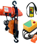 Electric chain hoist with orange housing and 2200 lbs capacity; includes wireless remote and yellow control box