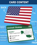 World Flags Flashcards Set With 245 Countries showcasing United States card with flag, map, and details on capital and language.