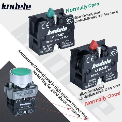 2 Pack 22mm Momentary Push Button Switches Red And Green 1NO 1NC SPDT; metal head with IP65 waterproof rating; electrical contacts shown