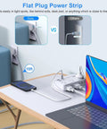 Snag This Game Changing Surge Protector Power Strip With Ten Foot Braided Extension Cord and Six Wide Spaced AC Outlets Plus Dual USB Ports For Plugging All Your Gear Up At The Dorm Or Apartment, showing flat plug design and 10 ft cord