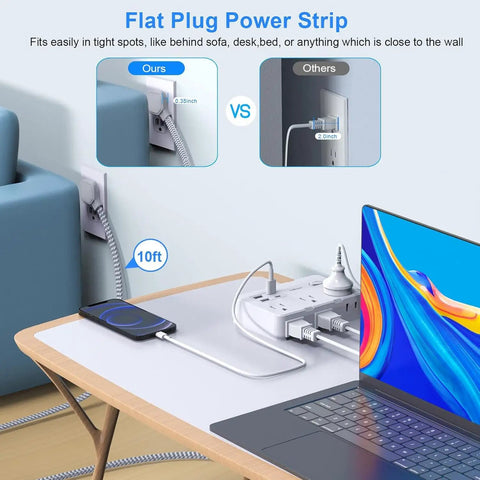 Snag This Game Changing Surge Protector Power Strip With Ten Foot Braided Extension Cord and Six Wide Spaced AC Outlets Plus Dual USB Ports For Plugging All Your Gear Up At The Dorm Or Apartment, showing flat plug design and 10 ft cord