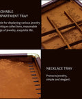Slick Top Tier Jewelry Display Tray With Heavy Duty Wood Frame And Soft Fabric Lining No Sweat 24 Grid Stackable Organizer For Rings Earrings Necklaces Retail Ready Storage Case Black - close-up of removable compartment tray and necklace section.