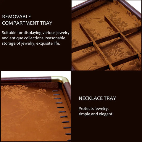 Slick Top Tier Jewelry Display Tray With Heavy Duty Wood Frame And Soft Fabric Lining No Sweat 24 Grid Stackable Organizer For Rings Earrings Necklaces Retail Ready Storage Case Black - close-up of removable compartment tray and necklace section.
