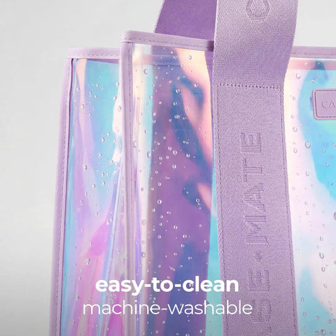 Iridescent waterproof detail of Soap Bubble Large Jelly Tote With Phone Pouch For Women, showing texture and easy-to-clean feature.