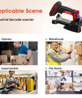 Illustrations showing uses of the 2D Industrial Barcode Scanner With Stand And Wireless Charging Base in various environments.