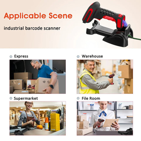 Illustrations showing uses of the 2D Industrial Barcode Scanner With Stand And Wireless Charging Base in various environments.
