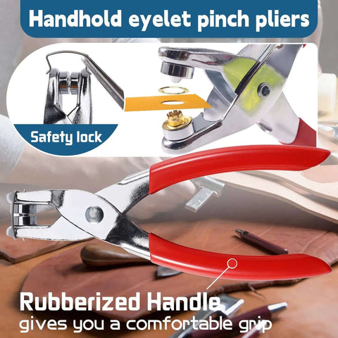 All In One 1403 Piece Grommet Kit With One Quarter Inch Grommets Eyelet Punch Pliers with red rubberized handle
