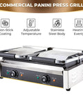 Heavy Duty Commercial Panini Press And Sandwich Maker With Cast Iron Griddle Non Stick Coating 3600W Power Stainless Steel Construction for grilling.