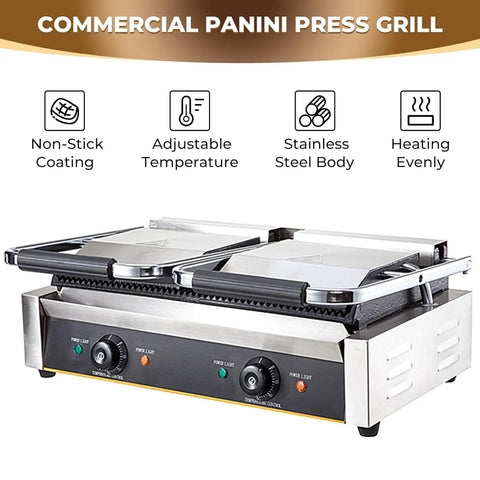 Heavy Duty Commercial Panini Press And Sandwich Maker With Cast Iron Griddle Non Stick Coating 3600W Power Stainless Steel Construction for grilling.