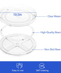 Two Pack Lazy Susan Cabinet Organizer Rotating Turntable For Cabinets Pantries Countertops Tables And Fridges 10.5 Inch Plastic Round Organizer with labeled parts showing clear material, high-quality bearings, and non-skid base