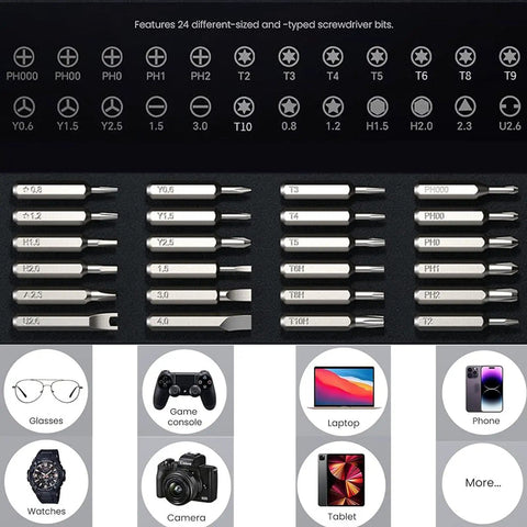 Top Notch 25 In 1 Precision Screwdriver Set With Magnetic Bits For Glasses Phones Smart Watches And Laptops showing various screwdriver bits.