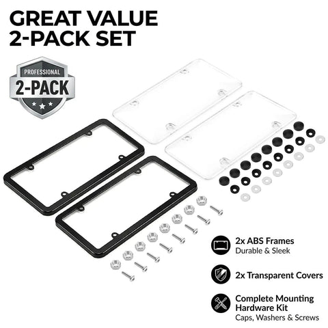 Clear License Plate Frame Protectors 2 Pack Universal Fit with stainless screws, caps, ABS frames, and transparent covers.