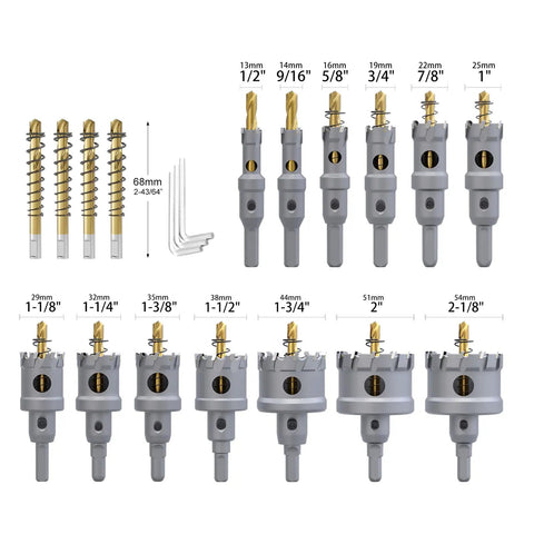 Heavy Duty 20 Piece Carbide Hole Saw Kit 1/2 To 2-1/8 Inch With Titanium Pilot Drill and wrench including hole saws and bits.