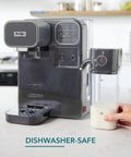Top Shelf Hassle Free One Touch Espresso And Latte Brewer With Built In Frother, featuring dishwasher-safe milk container and digital interface.