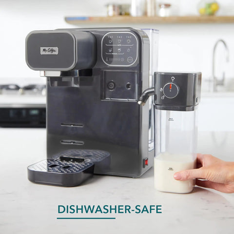 Top Shelf Hassle Free One Touch Espresso And Latte Brewer With Built In Frother, featuring dishwasher-safe milk container and digital interface.