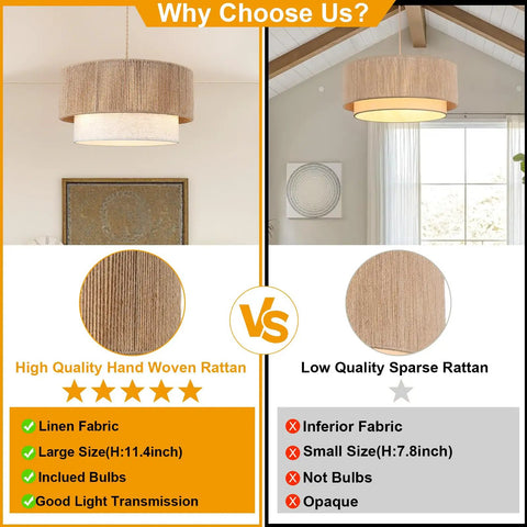 Comparison of 18 Inch Plug In Rattan Pendant Light With Premium Linen Shade Boho Ceiling Chandelier features against lower quality option.