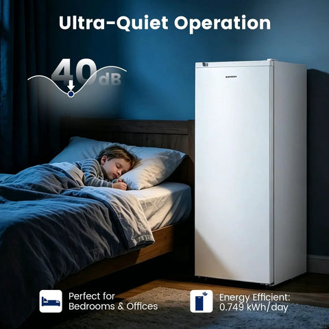 Slick 6.5 Cubic Foot Upright Freezer In Clean White in bedroom, showcasing ultra-quiet operation while child sleeps.