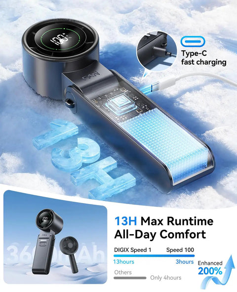 Ultra Portable USB Rechargeable Handheld Fan With 100 Speed Turbo Airflow LED Display showcasing Type-C charging on ice