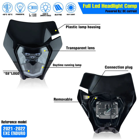 Front and back view of Universal LED Dirt Bike Headlight Kit With 2100 Lm Output For Enduro Pit Bikes And ATVs, showing layout