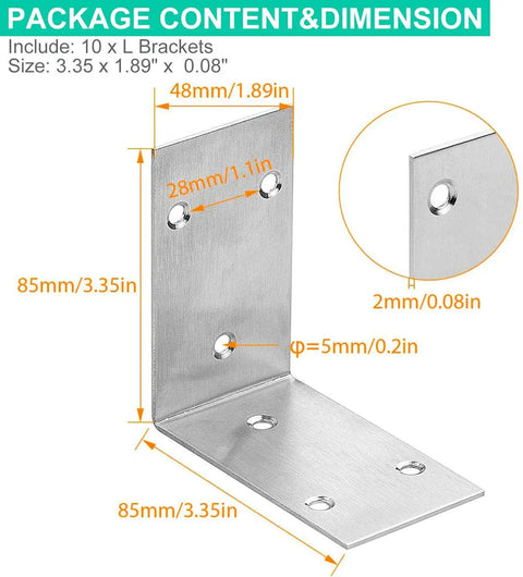 Heavy Duty Stainless Steel L Brackets 3.3 Inch By 1.9 Inch Pack Of 10 90 Degree Corner Shelf Braces with dimensions and hole sizes