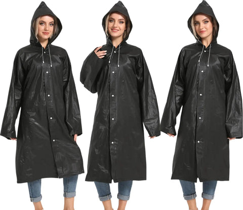 Three women wearing Two Pack Reusable Rain Ponchos For Adults With Hoods And Sleeves In Black, lightweight EVA material.