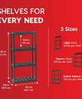 Four Tier Plastic Storage Shelves, Space Saving, Tool Free Assembly, Made In USA, Black Finish, Slim 24 Inch Wide, Stands 48 Inches Tall, Garage Ready Organizer For Home, Workshop, Or Home Organization; 48.25 in tall