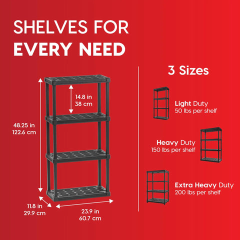 Four Tier Plastic Storage Shelves, Space Saving, Tool Free Assembly, Made In USA, Black Finish, Slim 24 Inch Wide, Stands 48 Inches Tall, Garage Ready Organizer For Home, Workshop, Or Home Organization; 48.25 in tall