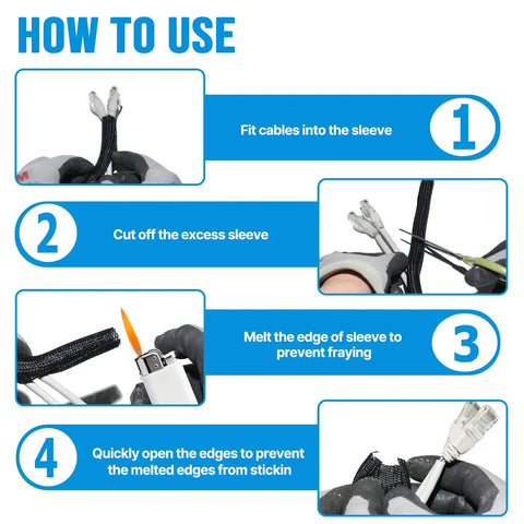 Instructions for using 6.5ft Half Inch Cord Protector Split Loom Cable Sleeve For USB Power HDMI Audio Video Wires, showing steps.