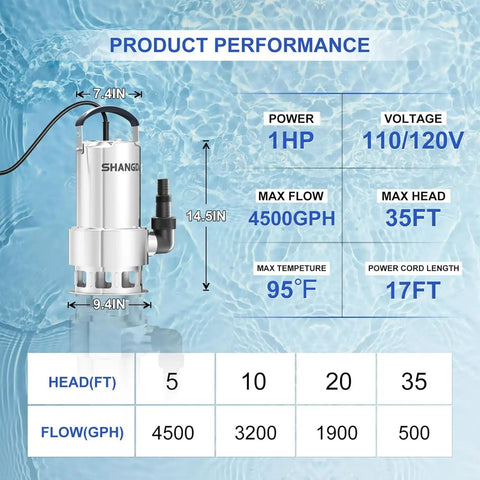 Heavy Duty Submersible Sump Pump Featuring Solid Stainless Steel Build And Smooth 5500 GPH Drainage for water removal performance specs