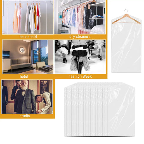 20 Pack Clear Garment Bags For Hanging Clothes Plastic Dry Cleaner Bags With Dustproof Covers Transparent Clothes Covers For Travel Home Storage And Dry Cleaning 60x90cm image showing clothing applications and bag details