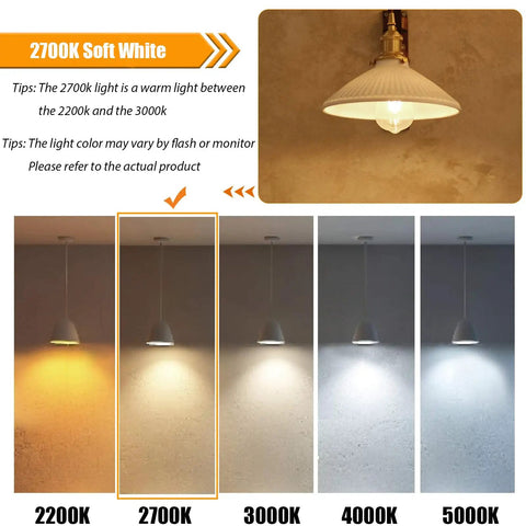 Light color comparison of LED bulbs at 2200K, 2700K, 3000K, 4000K, and 5000K, highlighting 16 Pack Vintage LED Edison Bulbs 40W Equivalent.