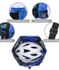 Navy blue mesh drawstring swim bag with wet pocket showing adjustable strap, mesh pockets, and breathable mesh holding a helmet.