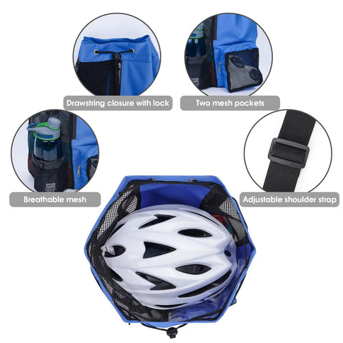 Navy blue mesh drawstring swim bag with wet pocket showing adjustable strap, mesh pockets, and breathable mesh holding a helmet.