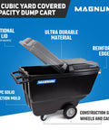 Heavy Duty Tilt Truck And Half Cubic Yard Dump Cart, 750 Lb Capacity, Injection Molded Polyethylene Body, smooth rolling 12 inch wheels.