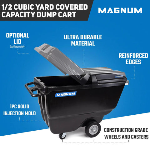 Heavy Duty Tilt Truck And Half Cubic Yard Dump Cart, 750 Lb Capacity, Injection Molded Polyethylene Body, smooth rolling 12 inch wheels.