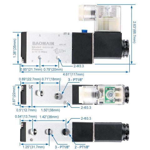 Diagram of Pneumatic Solenoid Valve 4V210-06 DC24V Five Way Two Position Internally Piloted Acting Type with measurements.