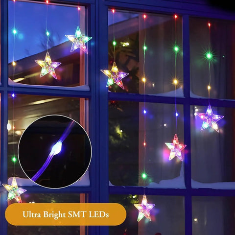 Color Changing Star Window Christmas Lights With 9 Star Curtain Ornaments Multicolor And Warm White Battery Operated With Timer 8 Modes IP65 Waterproof Xmas Window Decor For Indoor And Outdoor Use displayed on window at night.